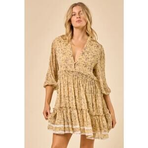 Women's Large Wisteria Lane Yellow Floral Dress Long Sleeve Cottage Boho Whimsy